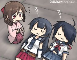 Rule 34 | 3girls, :3, agano (kancolle), ahoge, black hair, bow, brown hair, closed eyes, commentary request, dated, drill hair, closed eyes, gloves, hair bow, hakama, hakama skirt, hamu koutarou, harukaze (kancolle), japanese clothes, kako (kancolle), kantai collection, long hair, meiji schoolgirl uniform, messy hair, multiple girls, necktie, pleated skirt, red bow, red eyes, school uniform, serafuku, short hair, skirt, sleeping, teruyof, twin drills, u u, white gloves, zzz
