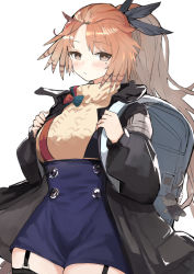 Rule 34 | 1girl, arknights, backpack, bag, bag charm, black coat, black thighhighs, blue skirt, brown eyes, charm (object), closed mouth, coat, feather hair, feather hair ornament, feathers, garter straps, hair ornament, high-waist skirt, kojica (kojica45), light brown hair, long hair, long sleeves, mole, mole under eye, pinecone (arknights), ponytail, simple background, skirt, solo, sweater, thighhighs, turtleneck, turtleneck sweater, white background