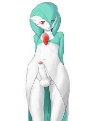 Rule 34 | 1boy, arms behind back, artist request, collarbone, creatures (company), erection, foreskin, game freak, gardevoir, gen 3 pokemon, hair over one eye, looking at viewer, male focus, nintendo, open mouth, penis, pokemon, pokemon (creature), red eyes, simple background, solo, testicles, white background