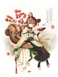 Rule 34 | androgynous, animal ears, autumn, autumn leaves, brown hair, green eyes, highres, japanese clothes, nurumi p, one eye closed, original, petting, rope, short hair, sitting, smile, solo, squirrel ears, squirrel girl, squirrel tail, tail, toeless footwear