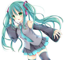 Rule 34 | 1girl, aqua hair, bad id, bad pixiv id, detached sleeves, green eyes, hatsune miku, headset, highres, long hair, necktie, open mouth, saijou yukina, simple background, skirt, solo, thighhighs, twintails, vocaloid, white background
