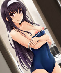 Rule 34 | 1girl, bare shoulders, blue one-piece swimsuit, blush, breasts, breasts out, closed mouth, collarbone, commentary request, covered erect nipples, cowboy shot, eyelashes, glasses, hair between eyes, hairband, highres, indoors, kasumigaoka utaha, large breasts, long hair, looking at viewer, nipples, nonaka ritsu, one-piece swimsuit, purple hair, red eyes, saenai heroine no sodatekata, school swimsuit, sidelocks, skindentation, smile, solo, standing, swimsuit, very long hair, white hairband