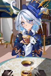 Rule 34 | 1girl, absurdres, asymmetrical gloves, black gloves, blue eyes, blue headwear, blue jacket, chair, commentary, cup, furina (genshin impact), genshin impact, gloves, highres, holding, holding cup, jacket, leon kunisagi, long sleeves, looking at viewer, mismatched gloves, mug, open clothes, open jacket, shirt, short hair, smile, solo focus, table, upper body, white gloves, white hair, white shirt