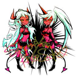 Rule 34 | 10s, 2girls, colored skin, demon girl, demon tail, fang, high heels, horns, kneesocks (psg), machi (hamham), midriff, multiple girls, panty &amp; stocking with garterbelt, ponytail, red skin, scanty (psg), shoes, siblings, sisters, tail, thighhighs