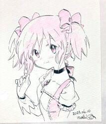Rule 34 | 1girl, arm at side, breasts, buttons, center frills, choker, closed mouth, collarbone, colored pencil (medium), cropped torso, dated, dot nose, frilled sleeves, frills, gloves, hair ribbon, hand up, head tilt, highres, holding, holding own hair, kaname madoka, light blush, looking at viewer, mahou shoujo madoka magica, mahou shoujo madoka magica (anime), marker (medium), monochrome, no+bi=, photo (medium), pink eyes, pink hair, pink ribbon, pink theme, puffy short sleeves, puffy sleeves, ribbon, ribbon choker, short sleeves, short twintails, sidelocks, signature, simple background, small breasts, smile, solo, soul gem, spot color, tareme, traditional media, twintails, white background