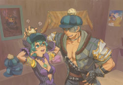 Rule 34 | 1boy, 1girl, :d, abs, arms up, belt, black eyes, black gloves, black hair, breasts, chest jewel, cleavage, fingerless gloves, glasses, gloves, green eyes, green hair, grey jacket, hat, highres, jacket, looking at another, medium breasts, muscular, muscular male, natto soup, open mouth, pandoria (xenoblade), pointy ears, poster (object), purple gloves, purple jacket, short hair, short sleeves, smile, xenoblade chronicles (series), xenoblade chronicles 2, zeke von genbu (xenoblade)