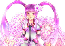 Rule 34 | 1girl, arthur salvatores, cropped jacket, female focus, flower, flower bed, gloves, hair flower, hair ornament, highres, long hair, official alternate costume, pants, plant, purple eyes, purple hair, smile, solo, sophie (tales), tales of (series), tales of graces, twintails, white background