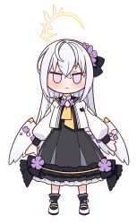 Rule 34 | 1girl, :&lt;, azusa (blue archive), black bow, black dress, black socks, blue archive, blush, bow, chibi, closed mouth, dress, feathered wings, flower, frilled dress, frills, full body, grey hair, hair between eyes, hair bow, hair flower, hair ornament, halo, harada (sansei rain), jacket, jitome, long hair, long sleeves, looking at viewer, low wings, open clothes, open jacket, pink eyes, puffy long sleeves, puffy sleeves, purple flower, shoes, simple background, socks, solo, standing, v-shaped eyebrows, very long hair, white background, white footwear, white jacket, white wings, wings