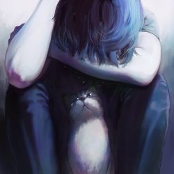 Rule 34 | androgynous, animal, blue hair, blue pants, blue theme, cat, commentary request, face down, gender request, knees up, lens flare, looking at another, looking up, one eye closed, original, pants, sad, short hair, short sleeves, sitting, solo, tabby cat, tears, yue (tada no saboten)