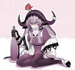 Rule 34 | 1girl, animal ears, arknights, blush, bokiboki333, bottle, cow ears, cow girl, cow horns, dress, drooling, drunk, full body, gloves, hair between eyes, highres, holding, holding bottle, horns, jacket, long sleeves, monochrome, nose blush, open clothes, open jacket, open mouth, pallas (arknights), pantyhose, purple theme, shoes, short hair with long locks, sidelocks, sitting, solo, spot color, squeans, veil, yokozuwari