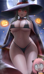 Rule 34 | 2girls, abp art, anya (spy x family), black hair, blush, breasts, cape, cleavage, commentary, elbow gloves, english commentary, full moon, gloves, halloween, hand up, hat, highres, large breasts, large hat, looking at viewer, medium hair, moon, multiple girls, open mouth, parted lips, red eyes, sidelocks, smile, spy x family, thighs, underboob, witch, witch hat, yor briar