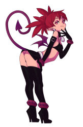 Rule 34 | 1girl, anklet, ass, bat wings, belt, bent over, bikini, bikini top only, black gloves, black thighhighs, boots, choker, covered erect nipples, demon girl, disgaea, earrings, elbow gloves, etna (disgaea), female focus, flat chest, full body, gloves, high heel boots, high heels, highres, jewelry, leaning, legs, light smile, long hair, looking at viewer, makai senki disgaea, makai senki disgaea 2, mini wings, miniskirt, optionaltypo, panties, pantyshot, pointy ears, presenting, red eyes, red hair, revision, side slit, skirt, skull earrings, slit pupils, solo, standing, studded bracelet, swimsuit, tail, thigh boots, thighhighs, twintails, underwear, white background, wings