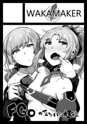 Rule 34 | 2girls, assisted exposure, bandeau, black border, blush, border, breasts, circle cut, closed mouth, fate/grand order, fate (series), finger in another&#039;s mouth, florence nightingale (fate), greyscale, looking at viewer, medium breasts, monochrome, mordred (fate), multiple girls, open mouth, presenting another, sweat, undressing another, wakamesan, yuri