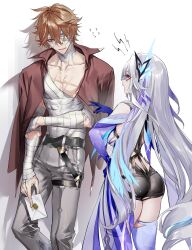 Rule 34 | 1boy, 1girl, abs, absurdres, ass, back, bandage on face, bandage over one eye, bandaged arm, bandaged hand, bandaged head, bandages, bare shoulders, blue eyes, blue skin, breasts, butterfly hair ornament, colored skin, detached sleeves, facing away, from behind, genshin impact, grey hair, hair between eyes, hair ornament, height difference, highres, injury, letter, long hair, medium breasts, multicolored hair, orange hair, pink eyes, pottsness, purple hair, scar, scar on chest, skirk (genshin impact), standing, streaked hair, talking, tall, tartaglia (genshin impact), thick thighs, thighs, very long hair