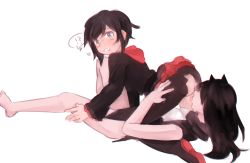 Rule 34 | !, !?, 2girls, 69, ?, all fours, animal ears, ass, bare arms, bare legs, barefoot, black hair, blake belladonna, blush, cat ears, chadolbaegi, dress, facing another, faunus (rwby), grey eyes, hand on own hip, happy, highres, hood, hoodie, imminent cunnilingus, long hair, long sleeves, looking at another, looking at viewer, looking back, lying, multiple girls, on back, open mouth, pussy juice, ruby rose, rwby, shoes, short hair, simple background, skirt, spoken exclamation mark, spoken question mark, spread legs, surprised, toes, torn clothes, wavy mouth, white background, yuri