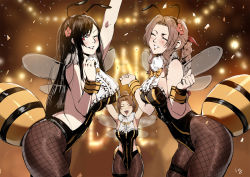 Rule 34 | 3girls, aerith gainsborough, antennae, arm up, arms up, arthropod girl, bad id, bad pixiv id, bee costume, bee girl, black hair, blurry, blurry background, blush, braid, braided ponytail, breasts, brown hair, cleavage, club3, confetti, fake antennae, fake wings, final fantasy, final fantasy vii, final fantasy vii remake, fishnet legwear, fishnets, flower, hair flower, hair ornament, honey bee inn, insect girl, insect wings, jessie rasberry, leotard, looking at viewer, multiple girls, pantyhose, ponytail, smile, stinger, tifa lockhart, wings, wrist cuffs