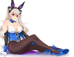 Rule 34 | 1girl, absurdres, adapted costume, alternate costume, alternate hairstyle, animal ears, bare shoulders, black hairband, black pantyhose, blush, breasts, cleavage, collar, corrin (female) (fire emblem), corrin (fire emblem), fake animal ears, fire emblem, fire emblem fates, fire emblem heroes, flower, gloves, hair ornament, hairband, highres, leotard, long hair, looking at viewer, nintendo, pantyhose, platinum blonde hair, playboy bunny, pointy ears, rabbit ears, red eyes, seityr, sleeveless, smile, solo, twintails, white background, white gloves, wrist cuffs
