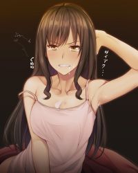 Rule 34 | 1girl, arm up, armpits, breasts, brown eyes, brown hair, clenched teeth, collarbone, commentary request, hickey, highres, large breasts, long hair, looking at viewer, original, solo, strap slip, suggestive fluid, takoneru, tears, teeth, translation request, upper body