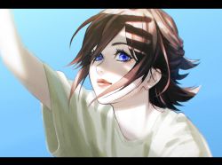 Rule 34 | 1girl, absurdres, beige shirt, blue background, blue eyes, brown hair, eyebrows hidden by hair, hair behind ear, highres, kaname buccaneer, letterboxed, light smile, looking to the side, macross, macross delta, mosako, realistic, shirt, solo, sunlight, t-shirt, upper body