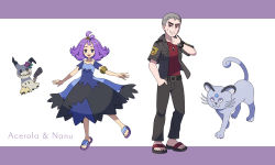 Rule 34 | 1boy, 1girl, acerola (pokemon), alolan form, alolan persian, armlet, banned artist, blue dress, commentary request, creatures (company), dress, flip-flops, flipped hair, forgotten artist, game freak, gen 7 pokemon, grey dress, grey eyes, grey hair, hair ornament, hairclip, hand up, highres, jacket, looking at viewer, medium hair, mimikyu, multicolored clothes, multicolored dress, nanu (pokemon), nintendo, open clothes, open jacket, pants, parted lips, pokemon, pokemon (anime), pokemon (creature), pokemon sm (anime), purple hair, red eyes, red shirt, sandals, shirt, short sleeves, smile, smirk, standing, stitches, topknot, torn clothes, torn dress, z-ring