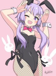 1girl ahoge animal_ears armpits breasts cleavage gokaku180 highres legs leotard pink_background playboy_bunny purple_eyes purple_hair rabbit_ears red_ribbon ribbon signature solo thighs twintails vocaloid yuzuki_yukari