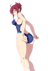 Rule 34 | 10s, 1girl, adjusting clothes, adjusting swimsuit, ahoge, ass, blue eyes, blush, breasts, clothes pull, competition swimsuit, covered erect nipples, folded ponytail, from behind, large breasts, odaodaoaoda, one-piece swimsuit, one-piece swimsuit pull, rail wars!, red hair, sakurai aoi, solo, swimsuit, updo