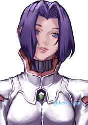 1girl blue_eyes breasts commentary_request curtained_hair eyelashes large_breasts miang_hawwa pink_lips purple_hair short_hair simple_background smile solo sonomoto_shinzou_(natsume_kyouji) upper_body white_background xenogears