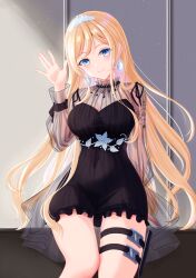 Rule 34 | 1girl, black dress, blonde hair, blue eyes, breasts, commentary, covered navel, dress, earrings, flower, head tilt, highres, hololive, hololive english, indoors, jewelry, large breasts, long hair, looking at viewer, medium breasts, official alternate costume, official alternate hairstyle, philo 324, see-through, short dress, sitting, smile, solo, straight hair, thigh strap, thighs, tiara, very long hair, virtual youtuber, watson amelia, watson amelia (party dress), ||/