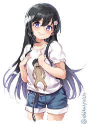Rule 34 | 1girl, belt, black belt, black hair, blue eyes, blue shorts, buckle, casual, commentary request, completely nude, decal, denim, denim shorts, ebifurya, facial hair, flower, hair between eyes, hair flower, hair ornament, hands on own chest, highres, kantai collection, long hair, looking at viewer, mustache, no penis, nude, open mouth, shirosaki hana, shirt, shorts, simple background, solo, t-shirt, twitter username, watashi ni tenshi ga maiorita!, white background