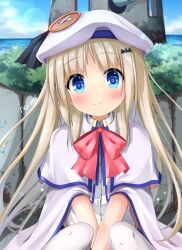Rule 34 | 1girl, beret, between legs, blue eyes, blurry, blurry background, cape, closed mouth, cloud, commentary request, hair between eyes, hair ornament, hand between legs, hat, highres, kudpoid (71139), light brown hair, little busters!, looking at viewer, noumi kudryavka, ocean, school uniform, sitting, sky, smile, solo, thighhighs