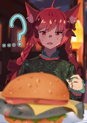 Rule 34 | 1girl, absurdres, animal ears, black bow, blurry, blurry background, blurry foreground, bow, braid, cat ears, chennifer, depth of field, dress, fish (food), food, food on face, green dress, hair bow, highres, kaenbyou rin, night, red eyes, red hair, solo, touhou, twin braids