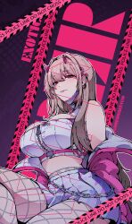 Rule 34 | absurdres, bare shoulders, black collar, breasts, chain, choker, cleavage, collar, crop top, fishnet pantyhose, fishnets, from below, goddess of victory: nikke, gooroomee, hair intakes, heart collar, highres, holographic clothing, horns, jacket, large breasts, light brown hair, long hair, looking at viewer, mask, mask pull, mouth mask, off shoulder, pantyhose, parted lips, pink eyes, pink horns, pink jacket, pleated skirt, sidelocks, sitting, skirt, thighs, viper (nikke), zipper, zipper pull tab