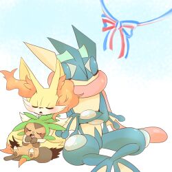 Rule 34 | blush, bow, braixen, chespin, closed eyes, creatures (company), crossed arms, crossed legs, drooling, furry, game freak, gen 6 pokemon, greninja, melting28, nintendo, pokemon, pokemon (creature), ribbon, sitting, sleeping, tongue