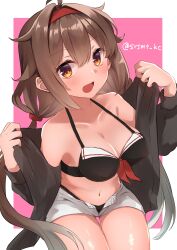 Rule 34 | 1girl, absurdres, bikini, black bikini, breasts, brown eyes, brown hair, hair flaps, hairband, highres, jacket, kantai collection, looking at viewer, medium breasts, official alternate costume, open mouth, pink background, red hairband, shirasumato, shiratsuyu (kancolle), short hair, shorts, smile, solo, swimsuit, swimsuit under clothes, twitter username, white background