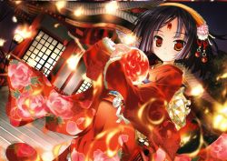 Rule 34 | 1girl, absurdres, architecture, black hair, east asian architecture, fire, flower, fujima takuya, hair ornament, highres, japanese clothes, long sleeves, night, obi, orange eyes, orb, original, sash, short hair, solo, stairs, standing, tree, wide sleeves