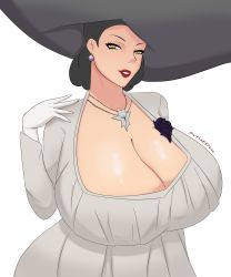 Rule 34 | 1girl, absurdres, alcina dimitrescu, artistdex, black hair, breasts, capcom, clothes, collar, dress, ear piercing, female focus, gloves, hat, highres, huge breasts, large breasts, lipstick, looking at viewer, makeup, mature female, medium hair, mature female, piercing, red lips, resident evil, resident evil village, robe, simple background, solo, sun hat, vampire, white background, white dress, white gloves, white robe, yellow eyes