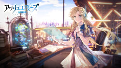 Rule 34 | 1girl, ash echoes, bell jar, blonde hair, blue dress, blue eyes, blue sky, book, book stack, bookshelf, chair, city, closed mouth, cloud, copyright name, cowboy shot, desk, dress, facing viewer, gloves, hand on own chest, hands up, headgear, highres, holding, holographic interface, indoors, logo, long hair, looking ahead, neon trim, office chair, photo (object), plant, short dress, short sleeves, sky, solo, su xiao, swivel chair, white dress, white gloves, window