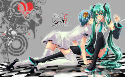 Rule 34 | 2girls, :d, aqua hair, aqua necktie, bandaged wrist, bandages, biscuit (bread), bisuke-tan, black bow, black footwear, black skirt, black sleeves, blue hair, boots, bow, checkered floor, collared shirt, detached sleeves, english text, food-themed hair ornament, full body, grey background, grey shirt, hair ornament, hatsune miku, heart, kfc, long sleeves, looking at another, mizukikushou, multiple girls, necktie, nightgown, number tattoo, open mouth, pleated skirt, reflection, shirt, shoes, sitting, skirt, sleeveless, sleeveless shirt, smile, tattoo, thigh boots, thighhighs, twintails, vocaloid, white nightgown, white thighhighs