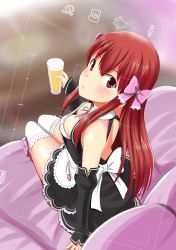 Rule 34 | 1girl, alcohol, amane (dream c club), beer, bow, breasts, brown eyes, brown hair, cleavage, detached sleeves, dream c club, dream c club (series), drink, from above, hair bow, highres, holding, ju (old505), long hair, looking at viewer, maid, matching hair/eyes, medium breasts, pink bow, sitting, solo, thighhighs, viewfinder, white thighhighs