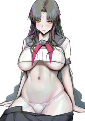 Rule 34 | 1girl, bare arms, black hair, black sailor collar, black skirt, blush, breasts, clothes pull, commentary, cropped shirt, english commentary, fate/extra, fate/extra ccc, fate/grand order, fate (series), forehead tattoo, large breasts, lips, long hair, mixed-language commentary, navel, neckerchief, oha v, panties, parted bangs, parted lips, pink neckerchief, sailor collar, sailor shirt, school uniform, sessyoin kiara, shirt, short sleeves, simple background, sitting, skirt, skirt pull, solo, teeth, underboob, underwear, very long hair, white background, white panties, white shirt