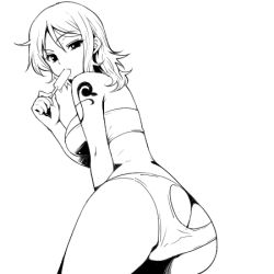 Rule 34 | 1girl, ass, ass cutout, bare shoulders, butt crack, clothing cutout, food, greyscale, hairu, leaning forward, long hair, looking back, lowres, monochrome, nami (one piece), one piece, panties, popsicle, raised eyebrow, solo, tattoo, underwear
