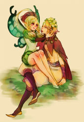 Rule 34 | 1boy, 1girl, 9wa, blonde hair, braid, butterfly wings, couple, fairy, flower, hair flower, hair ornament, hand on another&#039;s face, harem pants, hat, hat feather, hetero, holding, ingway (odin sphere), insect wings, long hair, looking at another, mercedes (odin sphere), odin sphere, pants, pointy ears, puff and slash sleeves, puffy shorts, puffy sleeves, shorts, sitting, sitting on lap, sitting on person, twin braids, wings