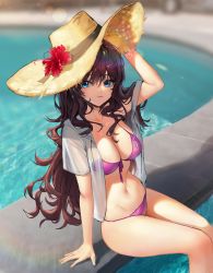 Rule 34 | 1girl, absurdres, arm support, arm up, bikini, blue eyes, blurry, breasts, brown hair, brown hat, cleavage, depth of field, flower, front-tie bikini top, front-tie top, halterneck, hand on headwear, hat, hat flower, hibiscus, highres, ichinose shiki, idolmaster, idolmaster cinderella girls, large breasts, long hair, looking at viewer, navel, no pants, open clothes, open shirt, pool, purple bikini, short sleeves, sitting, solo, stomach, straw hat, string bikini, swimsuit, thighs, water, xi xeong