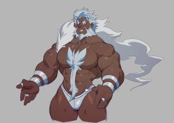 Rule 34 | 1boy, abs, absurdres, bara, beard, body fur, briefs, bulge, cheschirebacon, creatures (company), cropped legs, dark-skinned male, dark skin, facial hair, full beard, game freak, gen 5 pokemon, highres, large pectorals, legendary pokemon, looking at viewer, male focus, male underwear, mature male, muscular, muscular male, navel, navel hair, nintendo, nipples, pectorals, pencil mustache, personification, pokemon, reshiram, seductive smile, smile, solo, stomach, strongman waist, thick beard, thick chest hair, thick eyebrows, thick navel hair, thick thighs, thighs, topless male, underwear, unfinished, white hair