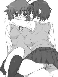 Rule 34 | 00s, 2girls, breasts, glasses, greyscale, hairband, large breasts, monochrome, multiple girls, panties, school uniform, shichimenchou, short hair, simple background, sweater vest, thighhighs, to heart (series), to heart 2, to heart 2 ad, underwear, vest, yamada michiru, yoshioka chie