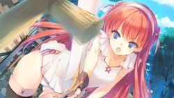 Rule 34 | 1girl, :o, alisia heart, aquaplus, blue eyes, braid, day, dungeon travelers 2, french braid, game cg, holding, holding sword, holding weapon, kawata hisashi, long hair, official art, open mouth, outdoors, panties, red hair, side-tie panties, skirt, sleeveless, solo, sword, thighhighs, underwear, weapon