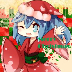 Rule 34 | 10s, 1girl, alternate costume, aqua eyes, bell, blue hair, christmas, english text, fubukihime, hat, high ponytail, highres, holly, japanese clothes, kimono, long hair, looking at viewer, merry christmas, multicolored hair, one eye closed, open mouth, sakumado, santa hat, solo, two-tone hair, traditional youkai, youkai watch
