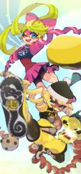 Rule 34 | 2girls, arms (game), beanie, bike shorts, blonde hair, blue eyes, boxing gloves, chinese clothes, domino mask, dragon (arms), facepaint, food, green eyes, hat, highres, leggings, pantyhose under shorts, long hair, looking at viewer, mask, min min (arms), multicolored hair, multiple girls, noodles, pantyhose, ponytail, ribbon, ribbon girl (arms), short hair, shorts, shorts under skirt, skirt, smile, sparky (arms), two-tone hair, ukata