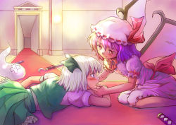 Rule 34 | 2girls, bad id, bad pixiv id, female focus, finger in another&#039;s mouth, ghost, hitodama, katana, konpaku youmu, konpaku youmu (ghost), multiple girls, niina ryou, remilia scarlet, ribbon, short hair, sword, touhou, weapon, wings