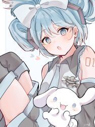 Rule 34 | 1girl, :o, absurdres, bare shoulders, black skirt, black sleeves, black thighhighs, blue eyes, blue hair, blue necktie, blush, bow, cinnamiku, collared shirt, cowboy shot, detached sleeves, dot nose, frilled shirt, frills, from side, grey shirt, hair between eyes, hair bow, hatsune miku, highres, long sleeves, looking at viewer, miniskirt, necktie, number tattoo, open mouth, pika (melancholy fff), pillarboxed, pleated skirt, rabbit, raised eyebrows, shirt, signature, simple background, skirt, sleeveless, sleeveless shirt, solo, tattoo, thighhighs, thighs, updo, vocaloid, white background, white bow, zettai ryouiki